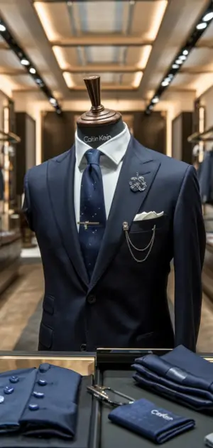 Mannequin featuring a navy Calvin Klein suit with a silver chain, lapel pin, and a pocket square.