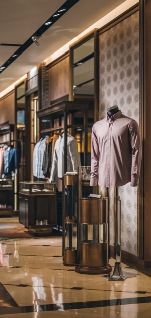 Stylish pink dress shirt displayed in a luxury retail store with modern decor