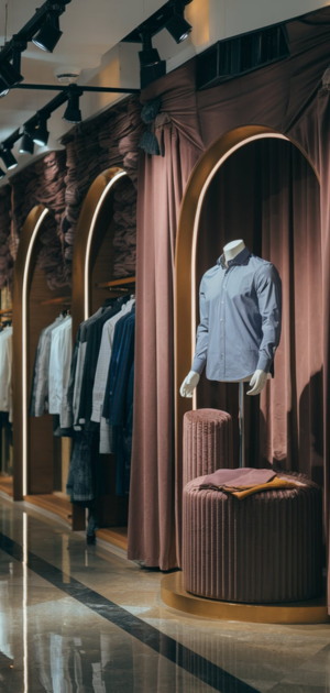 Mannequin displaying a formal blue shirt with unique store decor