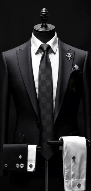 Black Calvin Klein suit with patterned black tie and silver cufflinks