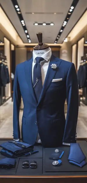 Display of Calvin Klein suit accessories including ties, cufflinks, and lapel pins in a boutique.