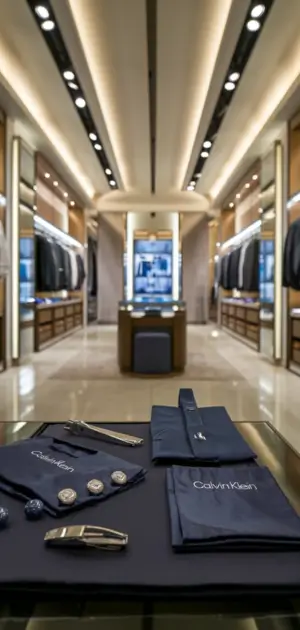 Close-up of Calvin Klein suit with detailed accessories.