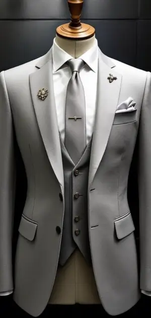 Light grey Calvin Klein suit with matching tie and silver brooches