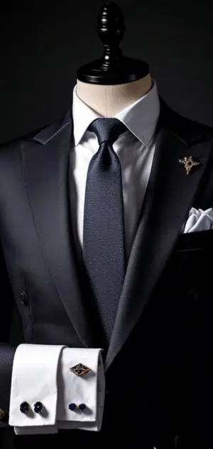 Navy Calvin Klein suit with a textured navy tie and gemstone cufflinks