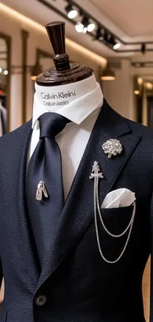 Mannequin wearing Calvin Klein suit with elegant accessories