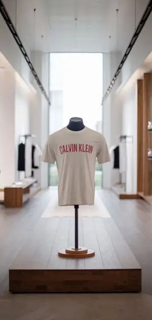 White Calvin Klein t-shirt on a showroom stand