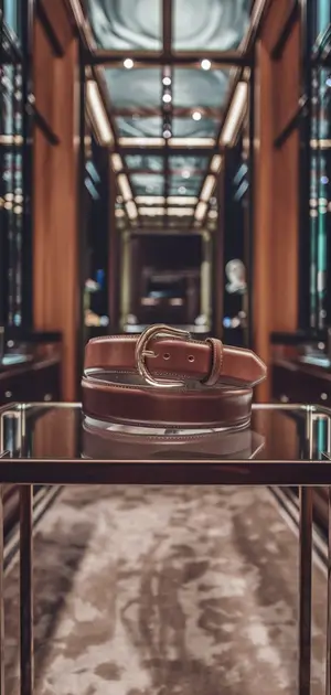 Tan leather belt with a gold buckle showcased in a designer store.
