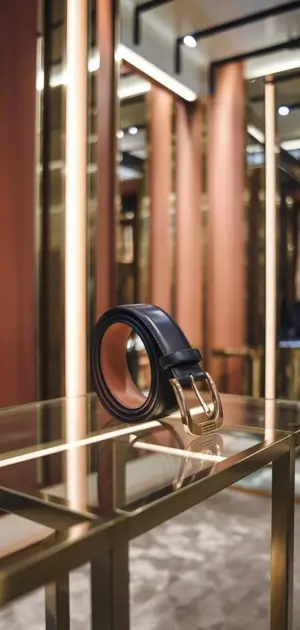 Black leather belt with a sleek design in a modern store