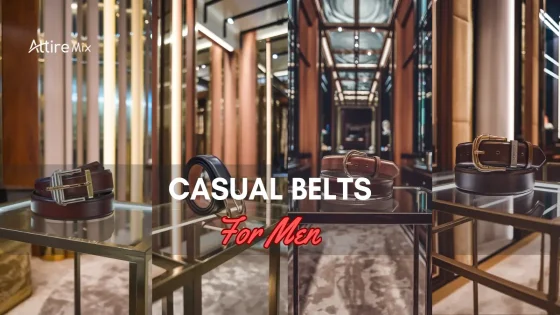 Casual Belts For men displayed on a glass shelf in a luxurious store