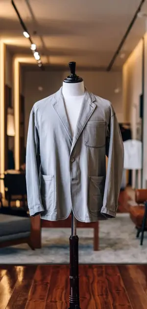 Casual beige blazer displayed on a mannequin.