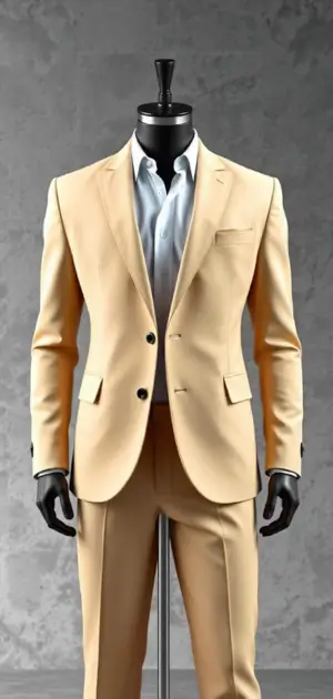 Beige blazer with light blue shirt and matching trousers on a mannequin