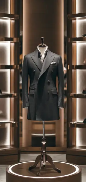 Casual dark coat displayed on a mannequin in a luxury setting