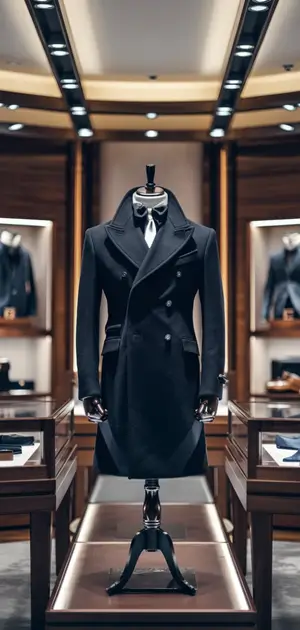 Close-up of a dark double-breasted casual coat