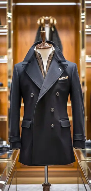 Long dark casual coat with wide lapels.