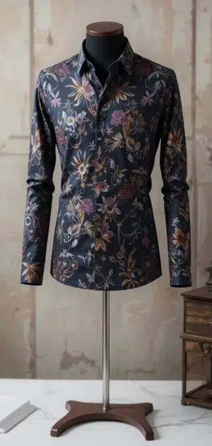 Dark floral long-sleeve shirt on a black mannequin with a wooden base.
