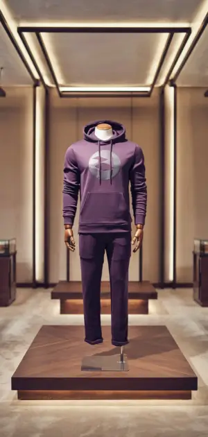 Purple hoodie on a mannequin with a subtle circular design