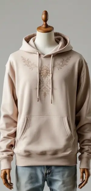 Beige hoodie with a subtle floral design around the chest area