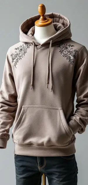 Taupe hoodie with black floral embroidery on both shoulders