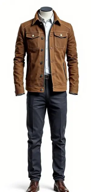 Brown casual jacket with black trousers and brown shoes