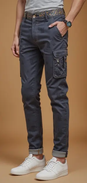 Men's dark blue slim-fit cargo pants with embossed detailing.