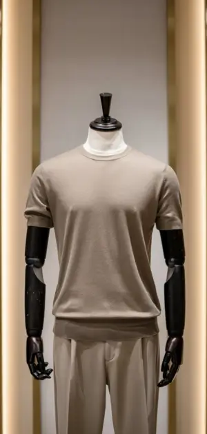 Mannequin wearing a fitted beige T-shirt under soft lighting