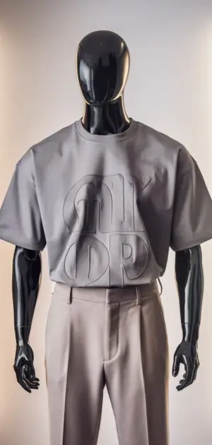 Gray oversized T-shirt with bold design displayed on a mannequin