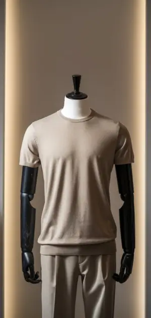 Mannequin wearing a beige casual T-shirt in a sleek retail display