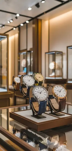 High-quality casual watches displayed in a premium store interior