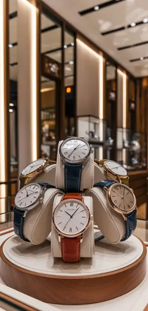 Stylish men's watches with leather straps in a display case.