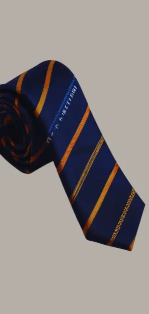 navy and orange silk bow tie with subtle sports-themed accents.