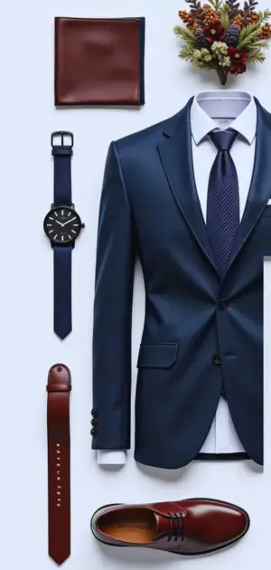 Men’s cufflinks, watch, and pocket square in neutral tones