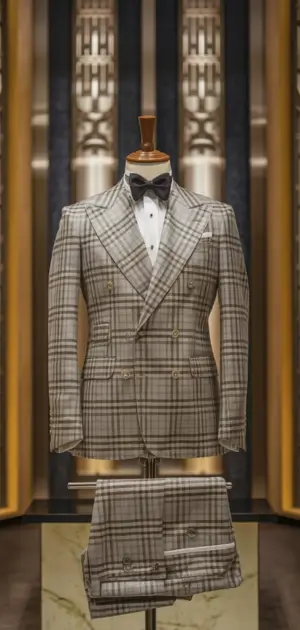 Dark brown check suit displayed in a luxury setting