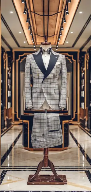 Light grey and blue check suit on stylish display
