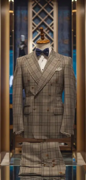 Classic brown check two-piece suit on mannequin
