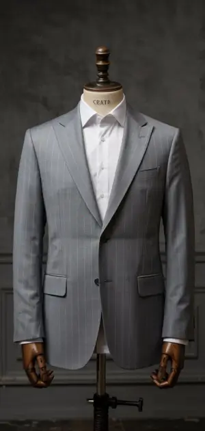 Light gray pinstriped suit jacket on a dress form with wooden hands against a dark backdrop.