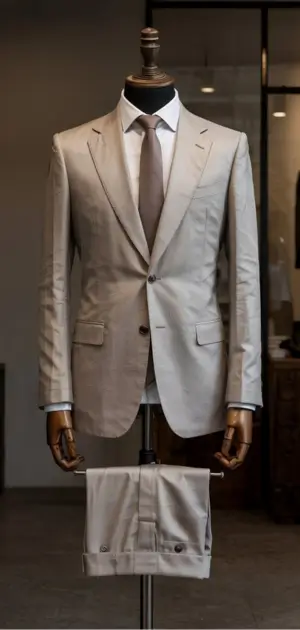 A light beige linen suit on a mannequin with a matching tie and folded pants.