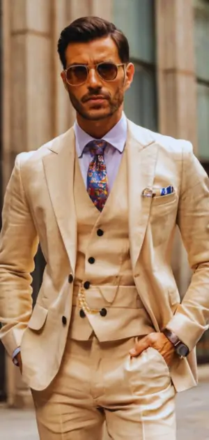 Navy linen suit with pale blue pocket square for men’s summer weddings