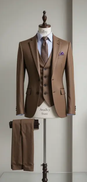 A modern brown suit with a vest and tie is shown on a tailor's mannequin.