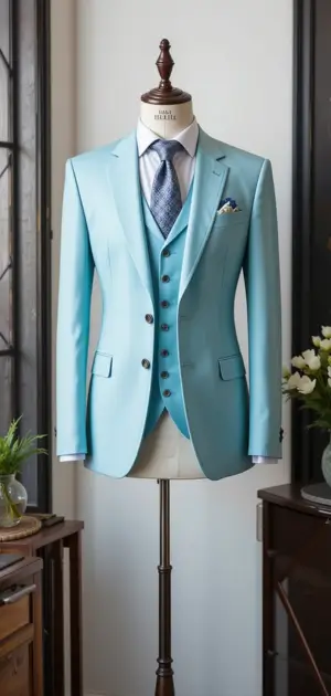 Mannequin dressed in a sky-blue three-piece suit with a blue tie.