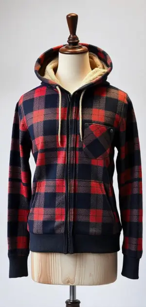 Red plaid hoodie layered with a black jacket.