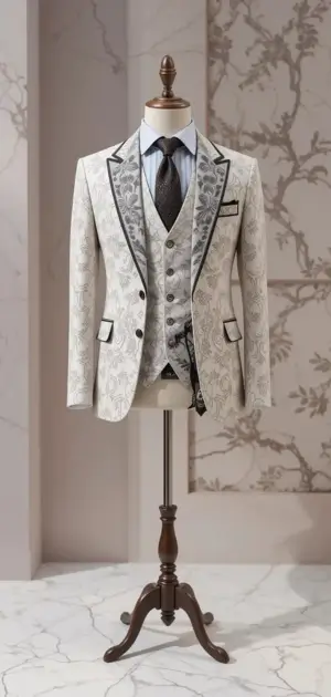 White silk formal suit with black accents and intricate patterns.