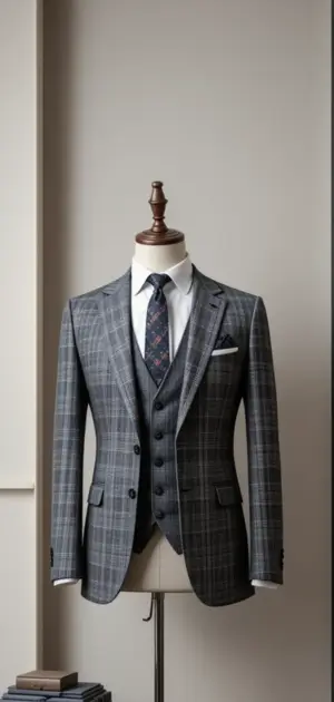 Gray windowpane check suit jacket and waistcoat with white shirt and patterned tie on mannequin.