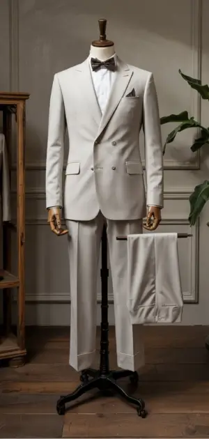 White formal double-breasted suit paired with a stylish bow tie.