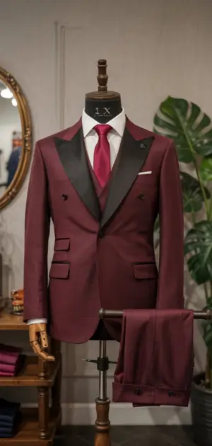 Mannequin showcasing a burgundy double-breasted tuxedo with black details.