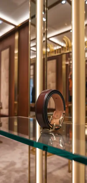 close-up of a single brown leather belt with a gold buckle on a glass shelf