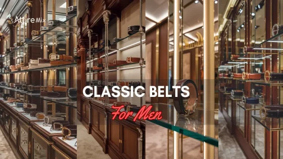 premium display of Classic Belts For men featuring various designs in a sophisticated store. Classic belts arranged on glass shelves in a luxury store with wooden interior design.