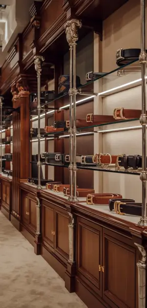 Display of classic belts in a luxurious store with wooden accents and glass shelves.