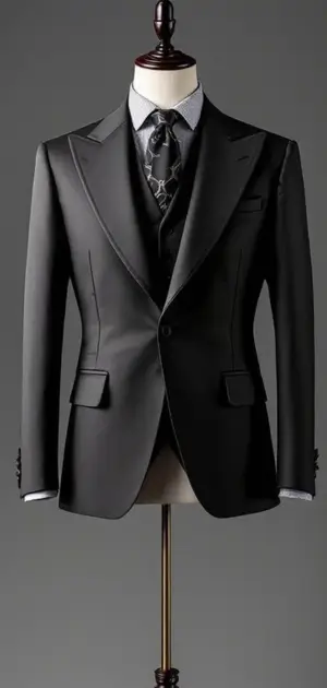 Black blazer with patterned tie, matching vest, and dress shirt