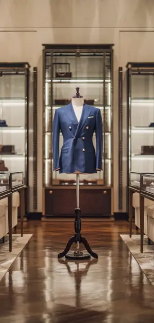 Classic navy blue blazer displayed on a mannequin in a luxury boutique
