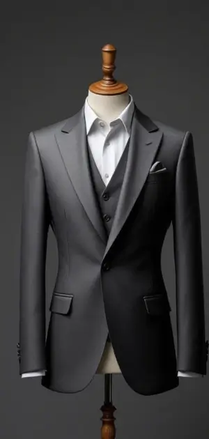Dark grey blazer with matching vest and white shirt on a mannequin